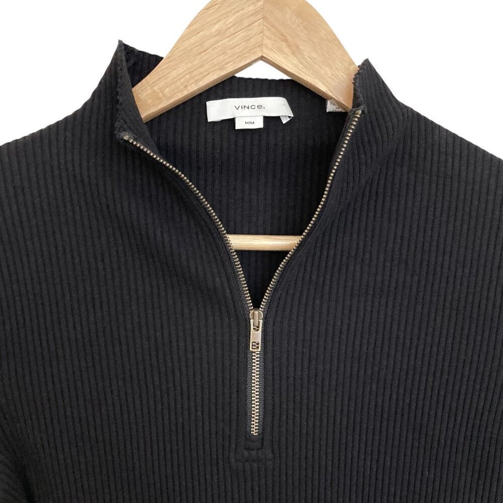VINCE Ribbed 3/4 Sleeve Half Zip Cotton Blend Sweater - Picture 7 of 10